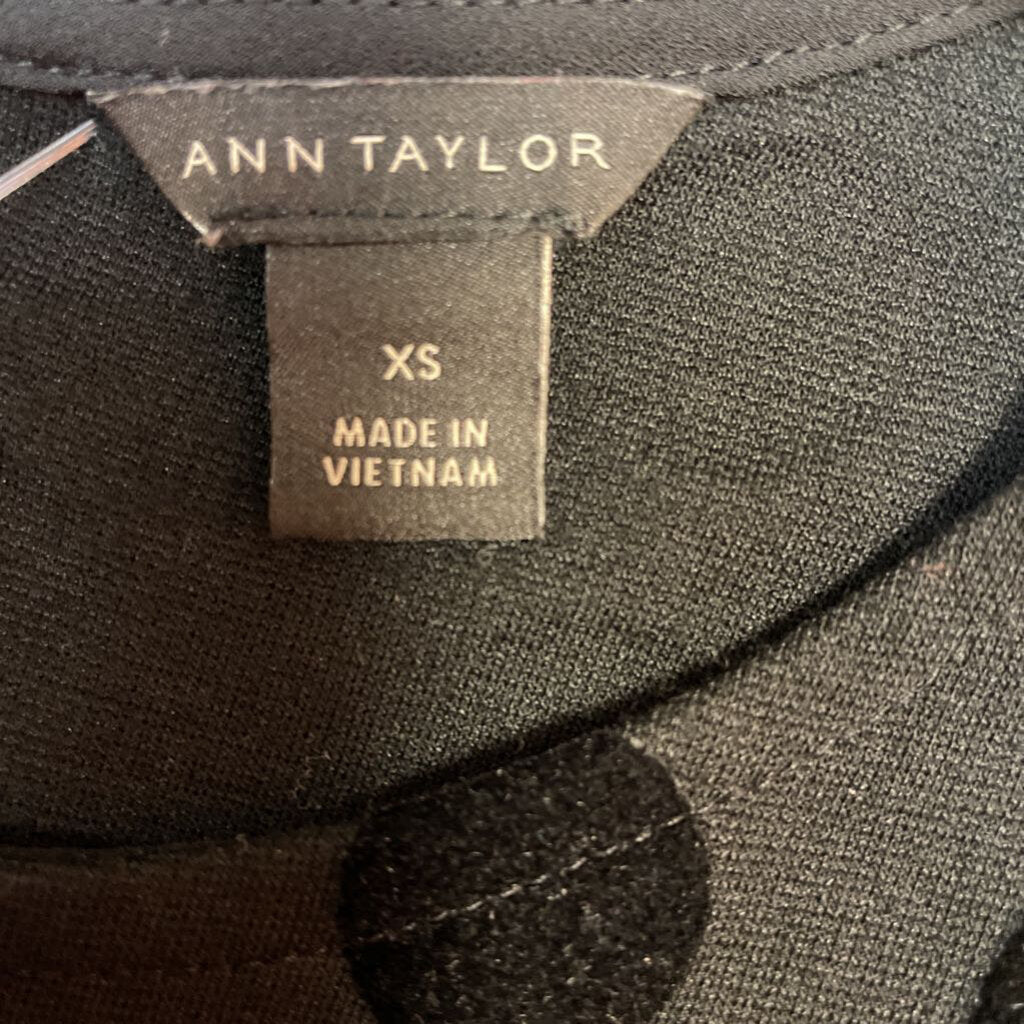 ANN TAYLOR BLACK ON BLACK VELVET POLKA DOT SHIRT DRESS SIZE XS TCC