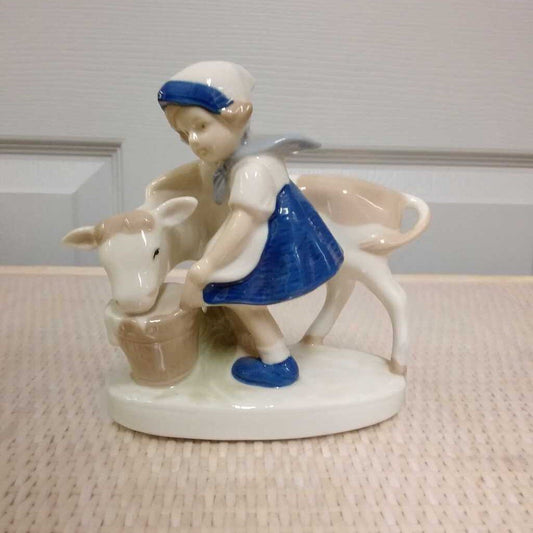 HAND PAINTED GLASS GIRL AND COW FIGURE