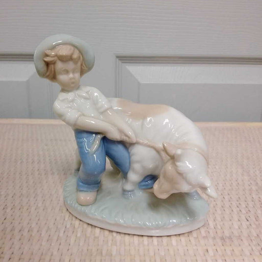 HAND PAINTED GLASS BOY AND BULL FIGURE