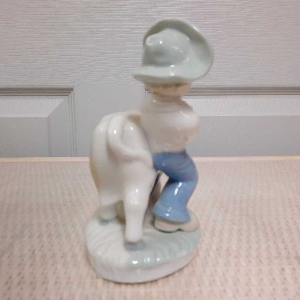HAND PAINTED GLASS BOY AND BULL FIGURE