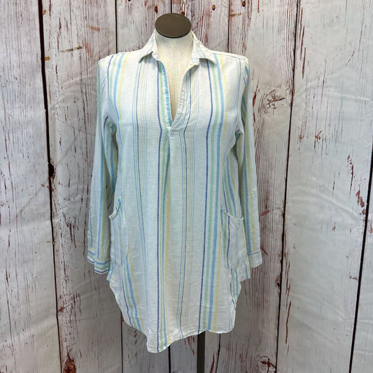 FORCYNTHIA BEACHWEAR WHITE BLUE YELLOW STRIPE LINEN TUNIC SZ L TCC