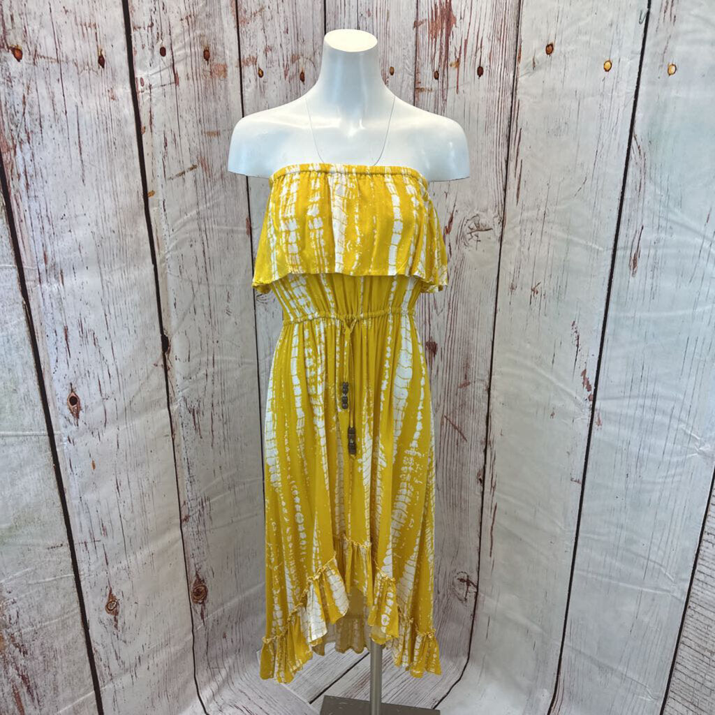 BLUE ISLAND YELLOW WHITE DYE OFFSHLDR TIER DRESS SZ M TCC