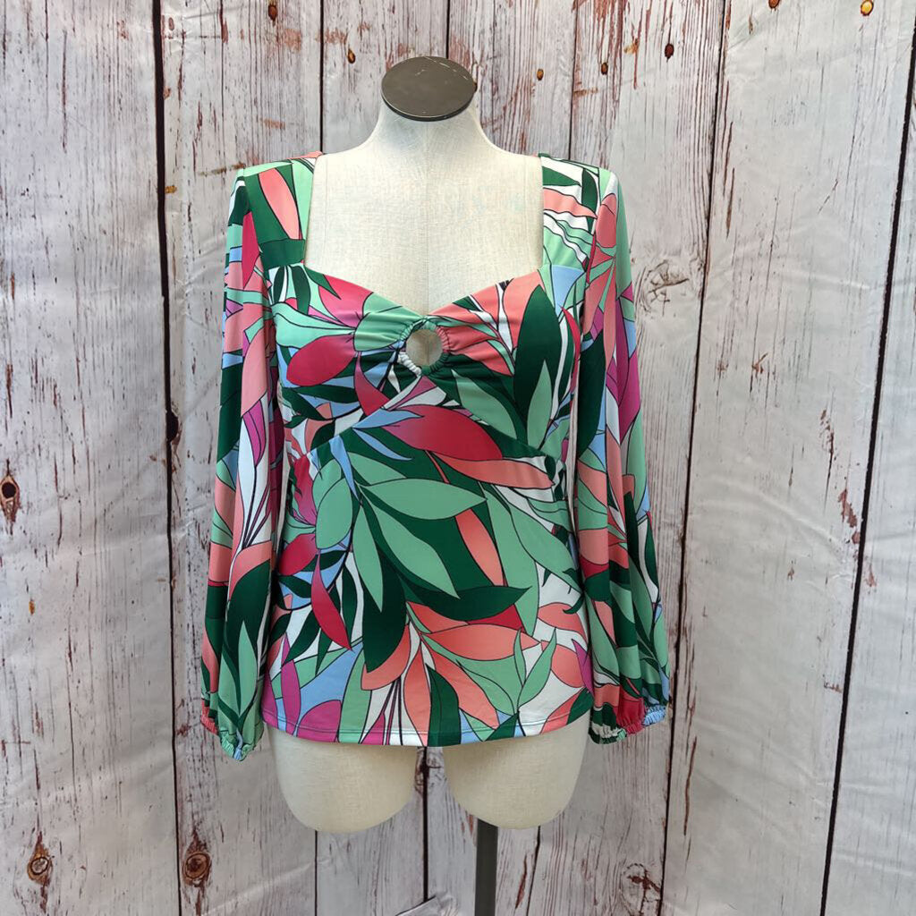 BOSTON PROPER GRN PNK LEAF POP ART BUSTIER BLOUSE SZ L TCC