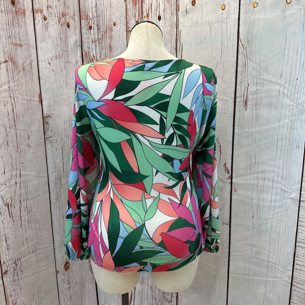 BOSTON PROPER GRN PNK LEAF POP ART BUSTIER BLOUSE SZ L TCC